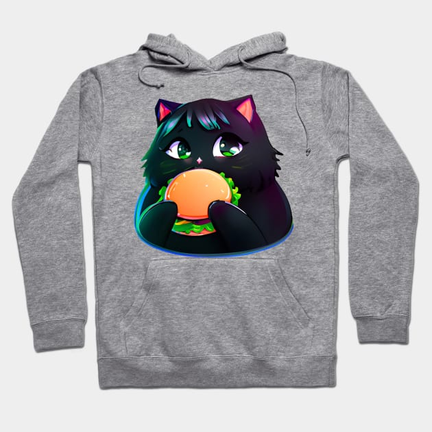 Black Fat cat eating burger Hoodie by Meowsiful